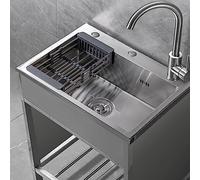 Évier Utilitaire autoportant en Acier Inoxydable, évier Commercial à Une cuve, Tuyau d'eau Chaude et Froide, évier extérieur, Lave-Mains, pour Restaurant, Bar, buanderie, Camping (60 x 45 x