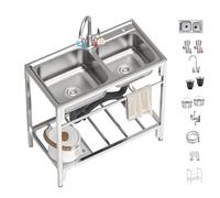 Évier utilitaire autoportant en acier inoxydable pour cuisine, buanderie, extérieur, garage - Tuyaux d'eau chaude et froide inclus, parfait pour les restaurants et les buanderies