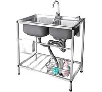 Évier utilitaire autoportant, évier à linge en acier inoxydable avec support en métal robuste, robinet, panier de vidange amovible for buanderie, garage, cuisine, extérieur