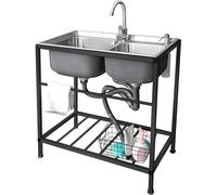 Évier utilitaire autoportant, évier à linge en acier inoxydable avec support en métal robuste, robinet, panier de vidange amovible for buanderie, garage, cuisine, extérieur