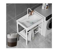 Évier utilitaire autoportant pour buanderie et cuisine, cuve mobile à une cuve avec robinet eau chaude/froide, tuyau d'arrivée d'eau et crépine, blanc, pour garage ou extérieur de style camp