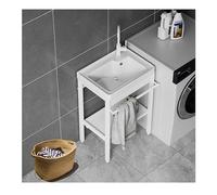 Évier utilitaire autoportant pour buanderie et cuisine, cuve unique avec robinet eau chaude/froide, étagère de rangement, crépine, baignoire extérieure mobile blanche