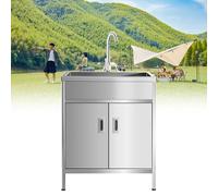 Évier Utilitaire avec Armoire, cuve Simple autoportante en Acier Inoxydable, évier Utilitaire extérieur, avec Robinet d'eau Froide et Chaude, évier Commercial, pour Restaurant, Bar, café, sa