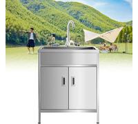 Évier Utilitaire avec Armoire, Cuve Unique en Acier Inoxydable Autoportant, évier Utilitaire Extérieur, avec Robinet De Tuyau D’Eau Froide Et Chaude, Hot and Cold Faucet, 50x40x80cm