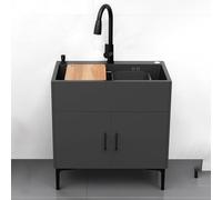 Évier utilitaire avec armoire - Évier de cuisine commercial à cuve simple avec robinet extractible (chaud et froid), évier à linge robuste pour garage (gris, 68 x 40 x 78 cm)