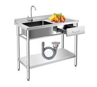 Évier utilitaire avec robinet d'eau chaude et froide - Évier à linge en acier inoxydable avec tiroir et fente à gauche pour une utilisation en extérieur