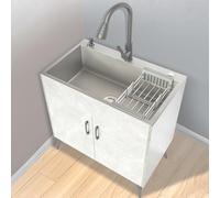 Évier utilitaire commercial en acier inoxydable avec armoire - Évier de restauration sur pied pour cuisine, salle de bain, restaurant, buanderie, ferme - Couleur lait et