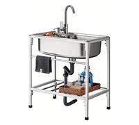 Évier utilitaire commercial en acier inoxydable avec robinet et étagère de rangement - Évier de cuisine extérieure à une cuve, autoportant