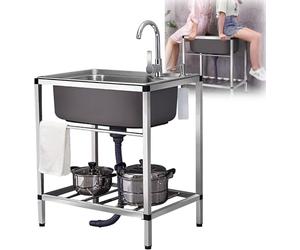 Évier Utilitaire Commercial en Acier Inoxydable avec Robinet Froid Unique Évier Mobile De Camping en Plein Air avec Panier D’égouttoir pour Garage Restaut Backyard, 68x44cm