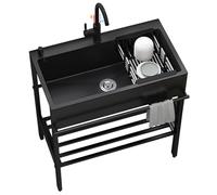 Évier utilitaire commercial en acier inoxydable noir - Bol simple d'extérieur avec égouttoir et robinet pour bar, cuisine, hôtel - Facile à nettoyer - 68 cm x 45 cm x 85 cm
