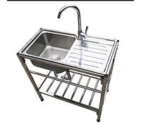 Évier utilitaire de cuisine autoportant en acier inoxydable avec robinet commercial, égouttoir et étagères de rangement - Idéal pour chambre, garage, sous-sol, extérieur et intérieur (simple, froid