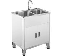 Évier utilitaire de cuisine en acier inoxydable, sur pied, avec robinet, étagères de rangement et égouttoir, pour garage extérieur, restaurant commercial, buanderie, eau chaude et froide, 76 x 4