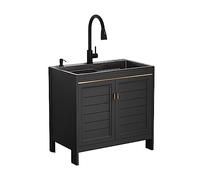 Évier Utilitaire de Cuisine,Ensemble évier et Meuble Cuisine Noir en Acier Inoxydable,autoportant,avec Robinet d'eau Chaude Froide,idéal pour Garage,Restaurant ou pièce à Vivre.