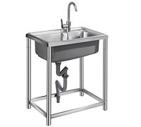 Évier Utilitaire de Cuisine,évier buanderie Commercial en Acier Inoxydable sur Pied avec égouttoir et Robinet,cuve Unique pour Cuisine,Salle Bain,Restaurant,Ferme,buanderie. (Col