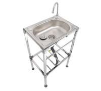 Évier utilitaire d'extérieur autonome en acier inoxydable - Stat de lavage portable à bol unique avec robinet et tuyaux d'eau chaude/froide - Étagère Sto et kit de vidange (L 60 x l 45 x H 83 cm)