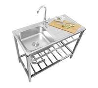 Évier utilitaire d'extérieur autoportant en acier inoxydable 304 avec robinet chaud et froid - Lavabo simple pour jardin, garage, buanderie - Design double couche