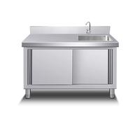 Évier utilitaire d'extérieur en acier inoxydable avec armoire, établi et étagères de rangement, robinet chaud et froid pour buanderie et restaurant