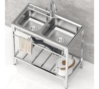 Évier utilitaire double bac en acier inoxydable, autoportant, avec robinet anti-débordement et étagères, idéal pour le jardin, la cuisine, la buanderie, le garage ou l'extérieur. Convient également