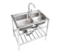 Évier Utilitaire Double Bac en Acier Inoxydable, Évier Commercial pour Restaurant Autoportant Anti-Débordement, Lavabo avec Robinet Eau Chaude/Froide et Tablettes pour Jardin, Cuisine, Buanderie