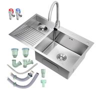 Évier utilitaire double cuve en acier inoxydable avec planche à laver, drain droit, 70 cm pour installations à gaz et sous-sol