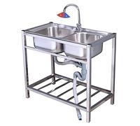 Évier utilitaire en acier inoxydable - 2 bacs, sur pied, avec robinets d'eau chaude et froide et étagères de rangement, idéal pour une maison de campagne, une salle de bain, un bar ou une buanderie (