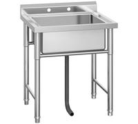 Évier utilitaire en acier inoxydable à cuve unique, petit évier de cuisine autonome avec tuyau et pieds d'établi, évier à 1 compartiment pour buanderie, garage, extérieur, restaurant, 74 x 64 x 94 cm