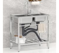 Évier Utilitaire en Acier Inoxydable à Double Cuve, Évier de Restaurant Professionnel sur pied Avec Système Anti-débordement, Robinet et Étagères, pour Jardin, Cuisine, Buanderie, Garage