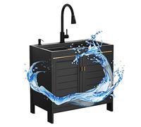 Évier utilitaire en acier inoxydable avec robinet et égouttoir, évier de cuisine d'extérieur à cuve unique pour restaurant, restauration, salle de bain, ferme, rangement du linge (robinet A)