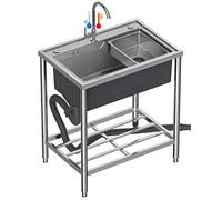 Évier utilitaire en acier inoxydable - Lavabo à main commercial à cuve unique avec tuyau d'eau froide et chaude - Idéal pour restaurant, garage et buanderie