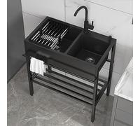 Évier utilitaire en acier inoxydable noir - Évier de cuisine autoportant à 2 chariots avec robinet et pieds, idéal pour l'extérieur, le commerce, le restaurant, la buanderie, le camping, la maison