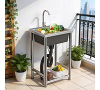 Évier utilitaire en acier inoxydable, station d'évier de cuisine autoportante à cuve unique, bassin de 40 x 45 cm, drain de robinet rotatif à 360 degrés, coude en S, capacité de charge de 65 kg, pour