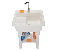 Évier Utilitaire en Plastique avec Planche a Laver, Evier Buanderie avec Robinet D'eau Froide et Chaude, Tuyaux et Kit de Vidange, Evier Exterieur(White,65x56x80cm/25.5x22x31.5")
