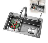 Évier utilitaire - Évier de cuisine encastrable, bol simple en nid d'abeille gaufré pour bar, pub, balcon et salle de bain - 3 trous - Gris, 75 x 45 cm
