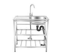Évier Utilitaire évier en Acier Inoxydable de Cuisine sur Pied à Une cuve avec Robinet pivotant 360° pour Eau Chaude et Froide étagère Rangement Station Lavage intérieure/extérie