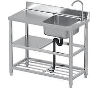 Évier Utilitaire Extérieur Autoportant en Acier Inoxydable avec Double étagère pour Buanderie, Garage, Camping, Plan De Travail Commercial, Rightslot, 90x50x85cm/35.4x19.7x33.5in