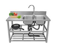 Évier utilitaire extérieur double bac autoportant avec robinet, égouttoir, établi et étagères de rangement - Évier commercial en acier inoxydable pour cuisine, buanderie, ferme, restaurant,