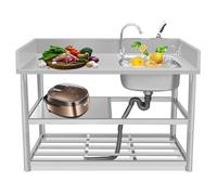 Évier utilitaire extérieur en acier inoxydable, sur pied, à une cuve, avec robinet, étagère de rangement et panier d'égouttage, pour buanderie, garage, lavage d'animaux ou usage intérieur.