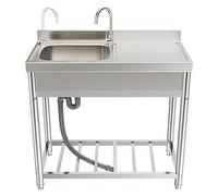 Évier utilitaire extérieur, lavabo sur pied, cuve unique avec égouttoir et étagères de rangement pour cuisine commerciale intérieure.