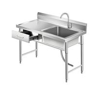 Évier Utilitaire Inox Autoportant à 1 Bac avec Tuyaux d'Eau Chaude & Froide & Robinet, Tiroir Gauche pour Buanderie, Ferme, Intérieur/Extérieur(100x50x80cm(39.4x20x31.5in))