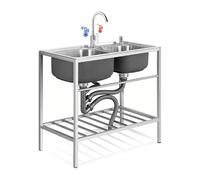 Évier Utilitaire Portable en Acier Inoxydable évier d'extérieur à cuve Unique pour Restaurant Garage Bar hôtel Cuisine Durable et Facile à Nettoyer,Argent-80x45x85cm