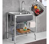 Évier utilitaire portable en acier inoxydable - Robinet chaud/froid à 360 °, égouttoir, station de lavage des mains autonome pour linge, garage, buanderie - Design à bol unique de qualité 304
