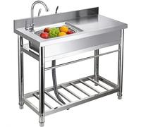 Évier utilitaire robuste, évier commercial autoportant avec robinet et étagère de rangement, station de lavage en acier inoxydable for cuisine, buanderie, garage, extérieur