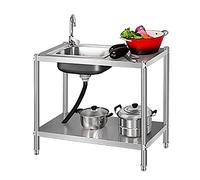 Évier utilitaire sur pied à cuve unique épaisse, en acier inoxydable 304, avec étagères de rangement et robinet, idéal pour garage, restaurant, cuisine, buanderie et bar intérieur/extérieur.