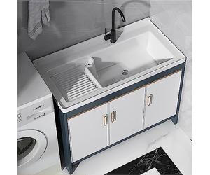 Évier utilitaire sur pied avec meuble-lavabo, vasque en céramique, robinetterie - Usage intérieur/extérieur, station de lavage des mains pour buanderie ou salle de bain