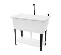 Évier Utilitaire sur Pied avec Robinet et Distributeur de Savon bac à lessive évier Cuisine en Plastique Robuste pour la Maison Le Commerce 101 6cm(L) x38 1cm(P) x60cm(H) Blanc
