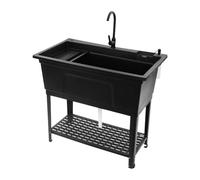 Évier Utilitaire sur Pied avec Robinet et Distributeur de Savon bac à lessive évier Cuisine en Plastique Robuste pour la Maison Le Commerce 101 6cm(L) x38 1cm(P) x60cm(H) Noir