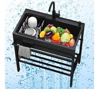 Évier utilitaire sur pied en acier inoxydable, 1 compartiment, noir avec robinet noir, étagères de rangement, pieds réglables (68 x 45 x 86 cm)