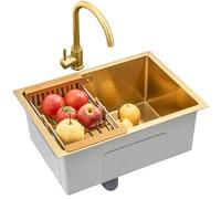 Éviers de cuisine Bol Simple en Or Brossé en Acier Inoxydable Carré Encastré Ou sous Plan avec Robinet Et Drain (Color : Gold, Size : 55×40cm)