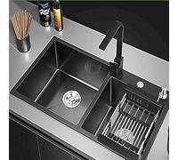 éviers De Cuisine Double Cuve Et Robinets en Acier Inoxydable égouttoir Unité D’évier De Cuisine Encastré Noir Conception à Trois Trous Robuste Facile à Nettoyer pour Installation Encastrée