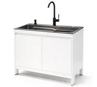 Éviers de Cuisine en Acier avec Meuble | Évier sur Pied avec Tuyaux d'eau Chaude et Froide Robinet, Panier égouttoir pour Jardin, Atelier, Buanderie, 80/100 CM